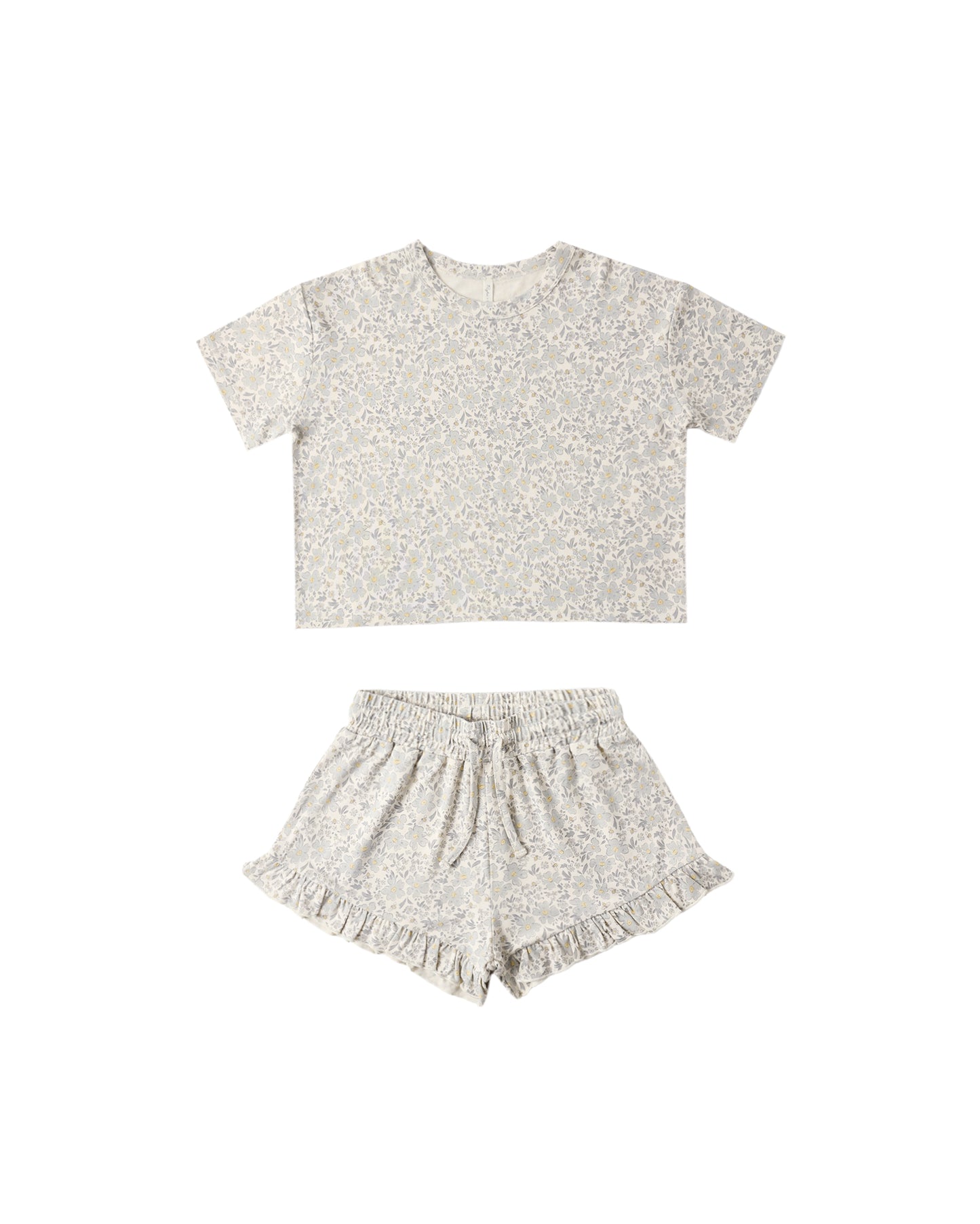 Rylee & Cru Blue Meadow Mosie Set featuring a natural fabric with playful meadow print and matching pieces for babies.