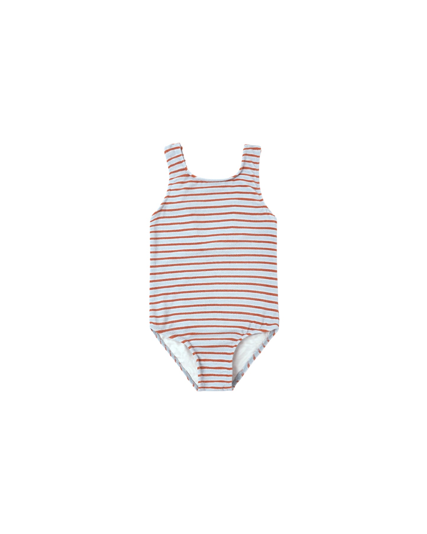 Light blue Americana Stripe Moxie One Piece swimsuit by Rylee & Cru, featuring white and orange stripes, with shoulder straps and a fitted design.