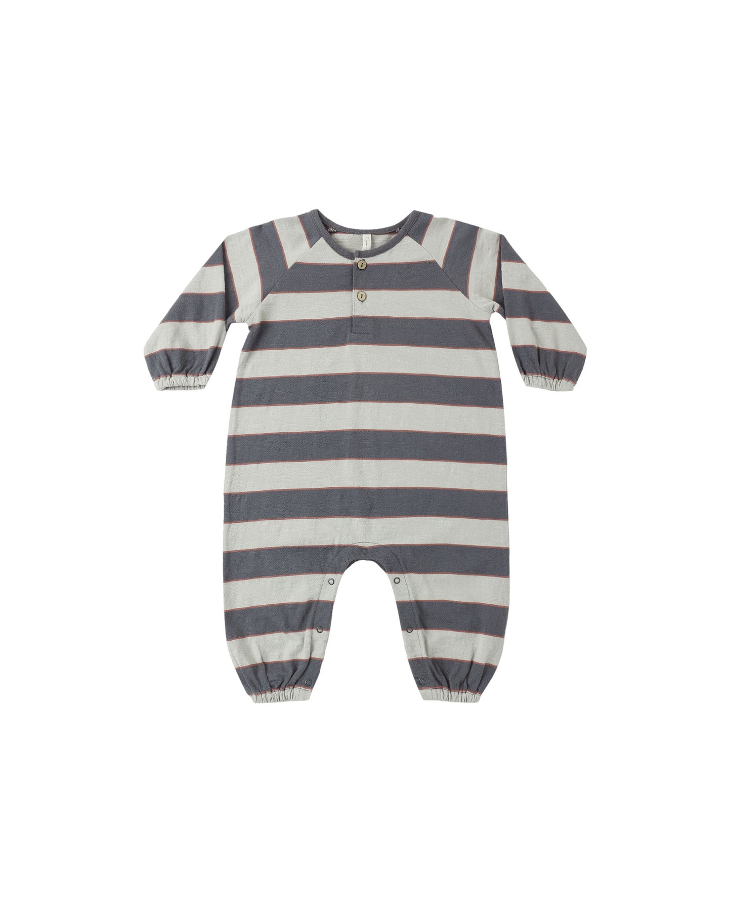 Sage stripe Henley jumpsuit by Rylee & Cru featuring a relaxed fit, long sleeves, and a button-front neckline.