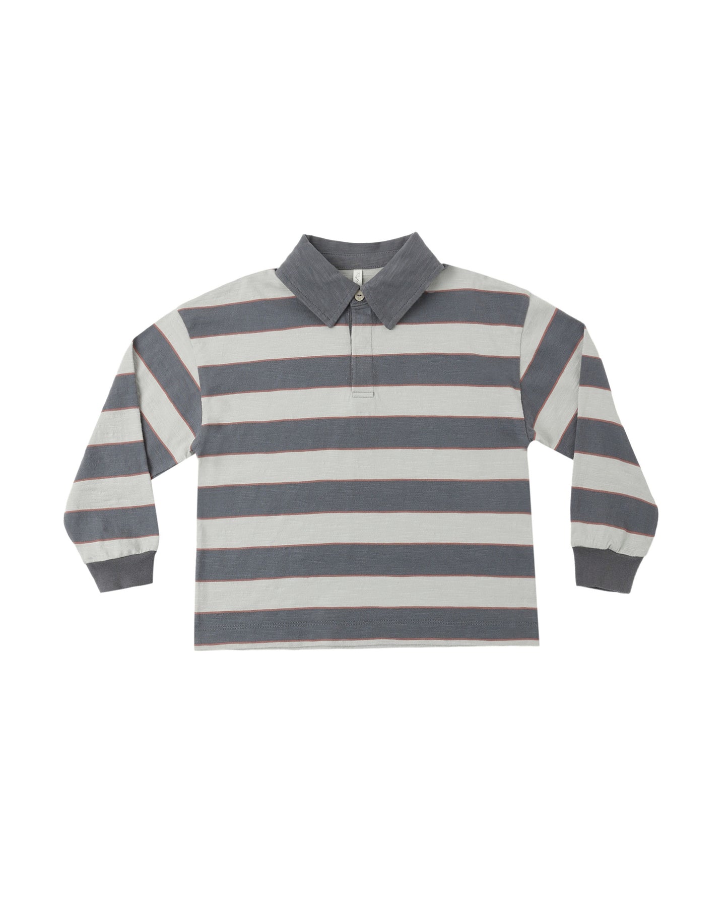 Rylee & Cru Sage Stripe Rugby Polo in midnight blue with white stripes, front view showing collar and button placket.
