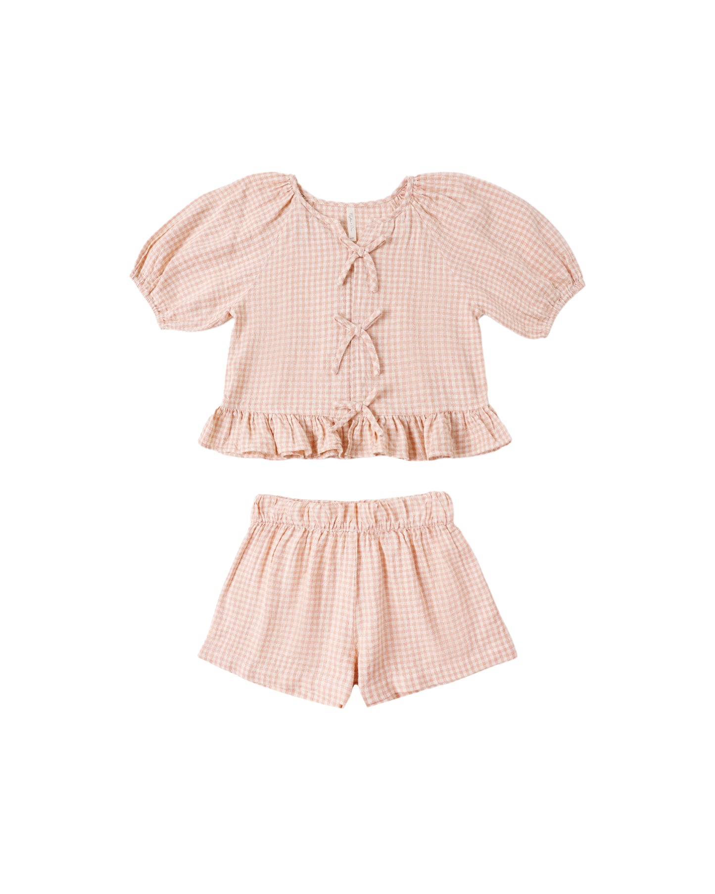 Rylee & Cru Petal Gingham Juniper set featuring a soft, pink and blue gingham pattern on a cozy baby outfit.