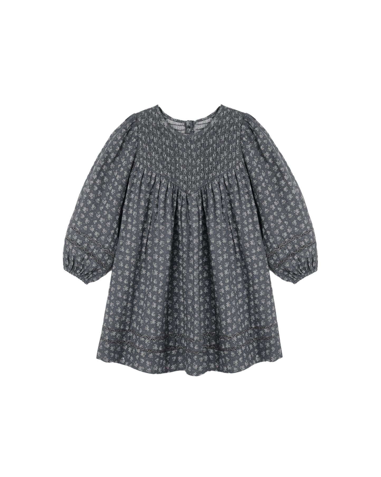 Rylee & Cru Heart Ditsy Selene Dress in midnight with a floral heart pattern, lightweight fabric, and long sleeves.