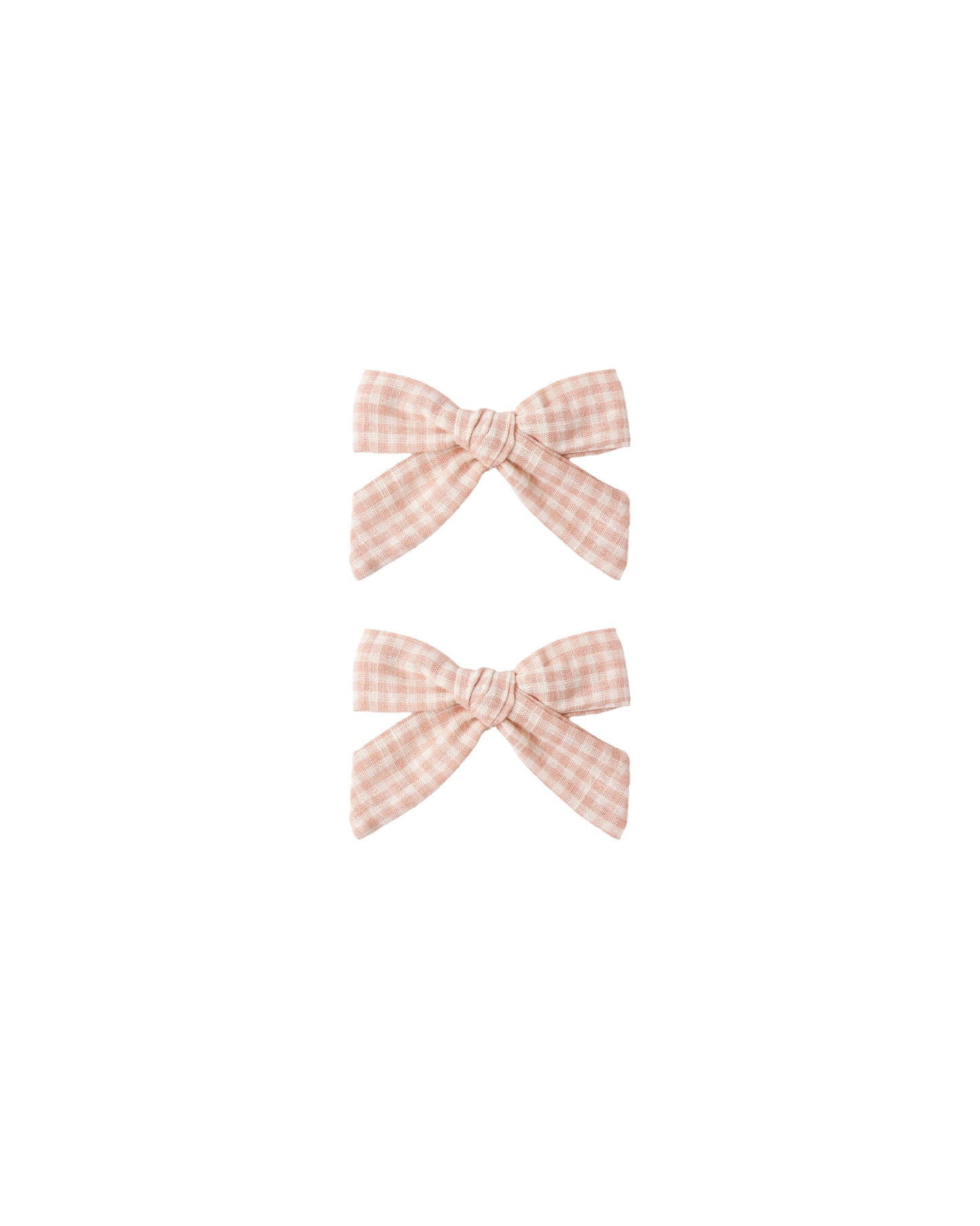 Set of two Rylee & Cru Petal Gingham Bows featuring pink and white checkered fabric, perfect for children’s accessories.