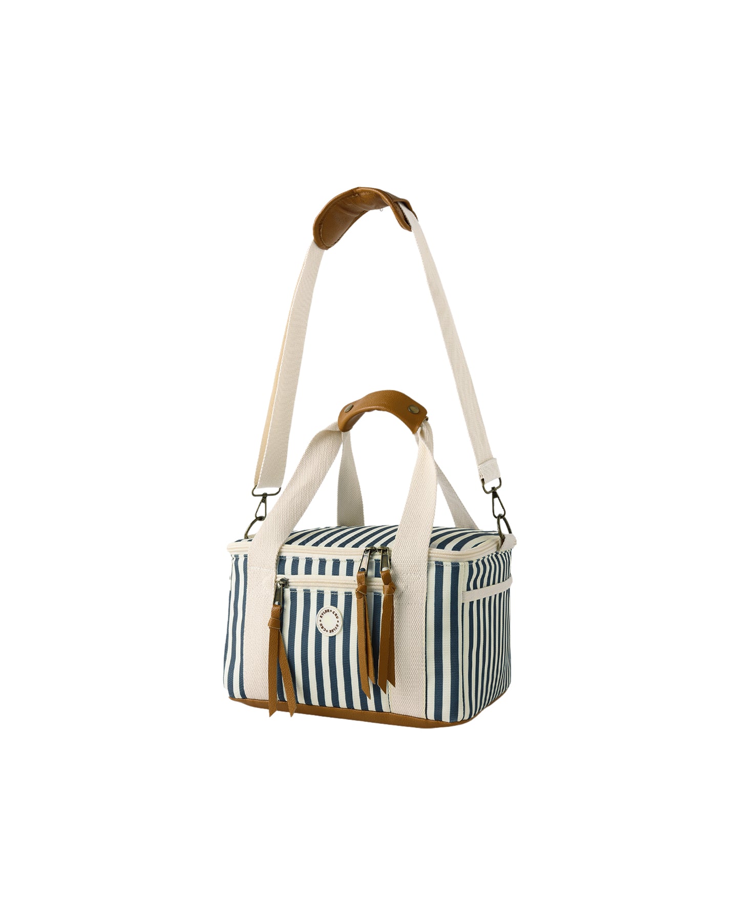 Navy stripe cooler bag by Rylee & Cru with a zipper closure and carrying handle, perfect for keeping drinks and snacks cool.