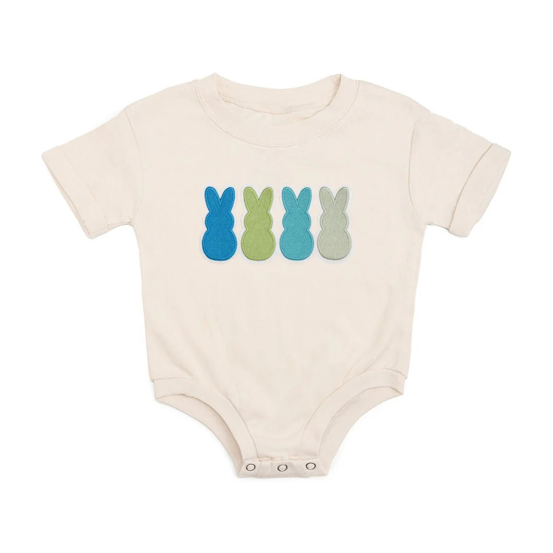 Natural Peeps Embroidered Patch Easter Short Sleeve Romper