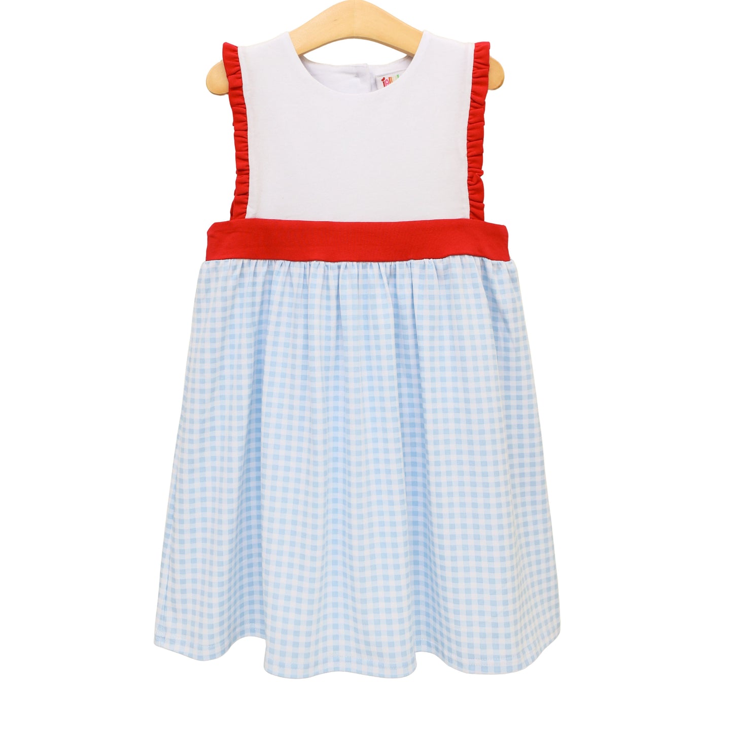 Pink and white gingham Southern Summer Sophia Dress for girls by Jellybean, with ruffled sleeves and a bow detail.