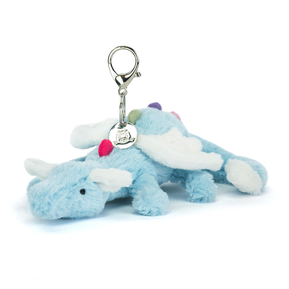 Jellycat Sky Dragon bag charm featuring a whimsical, colorful dragon design with detailed scales and playful appearance.