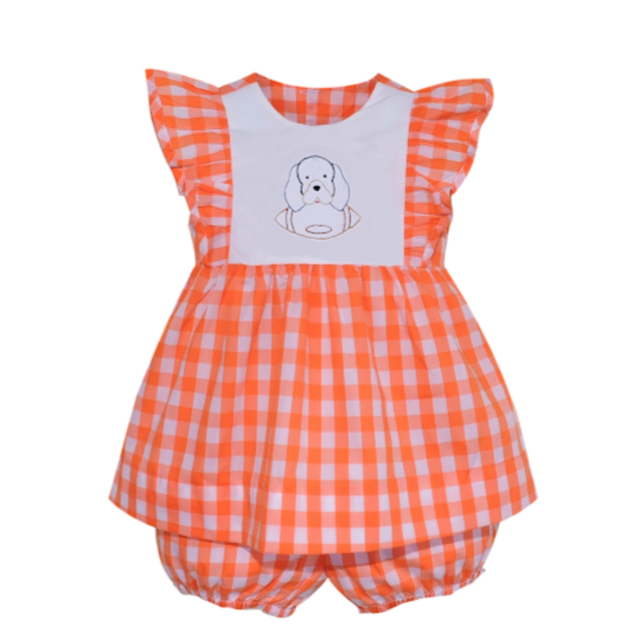 Remember Nguyen - Orange and White Gingham Bloomer Set w/ Smokey Embroidery