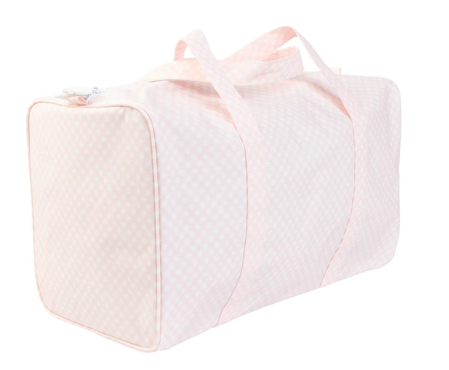 Pink gingham duffle bag by Apple of My Isla, featuring a spacious design and sturdy handles for travel or gym use.