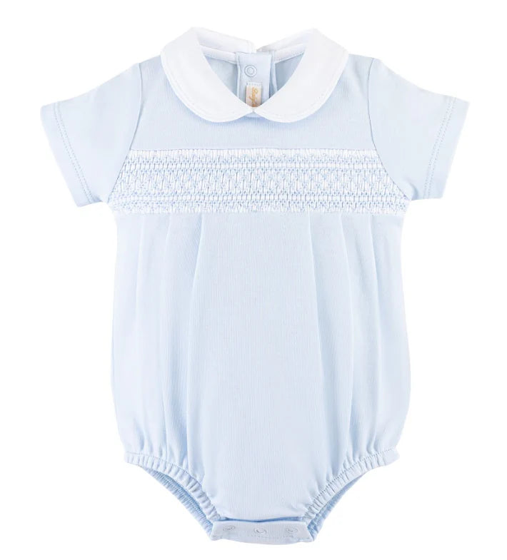 Baby Club Chic - Blue Hand Smocked Bubble w/ Round Collar