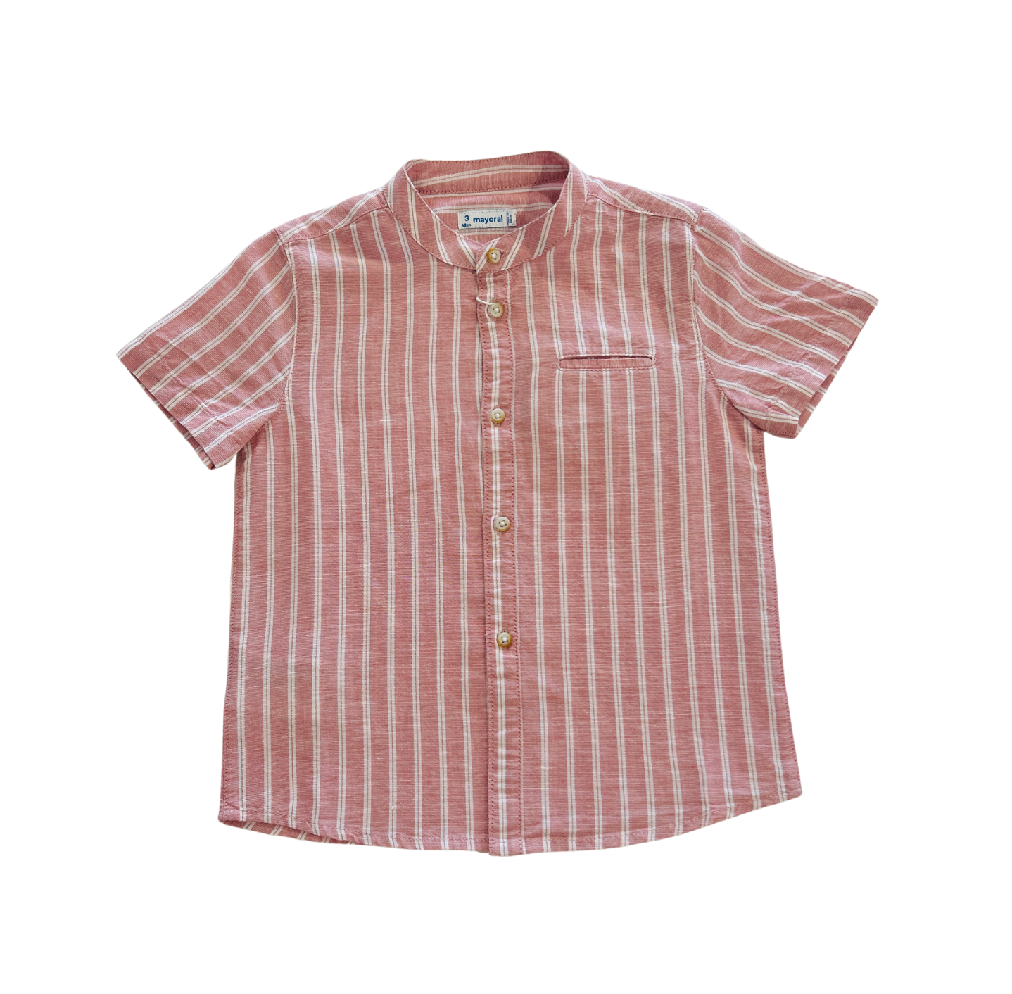 Mayoral - Salmon Stripe Linen Mandarin Collar Shirt