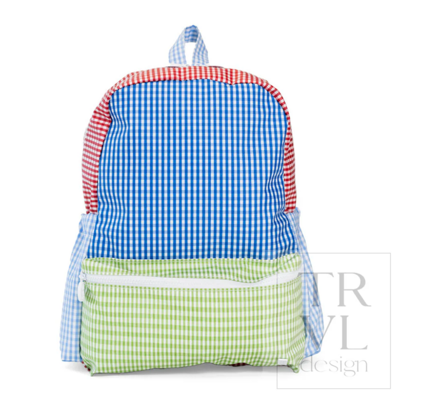 TRVL Design backpack with multiple compartments and adjustable straps, shown in a screenshot image.