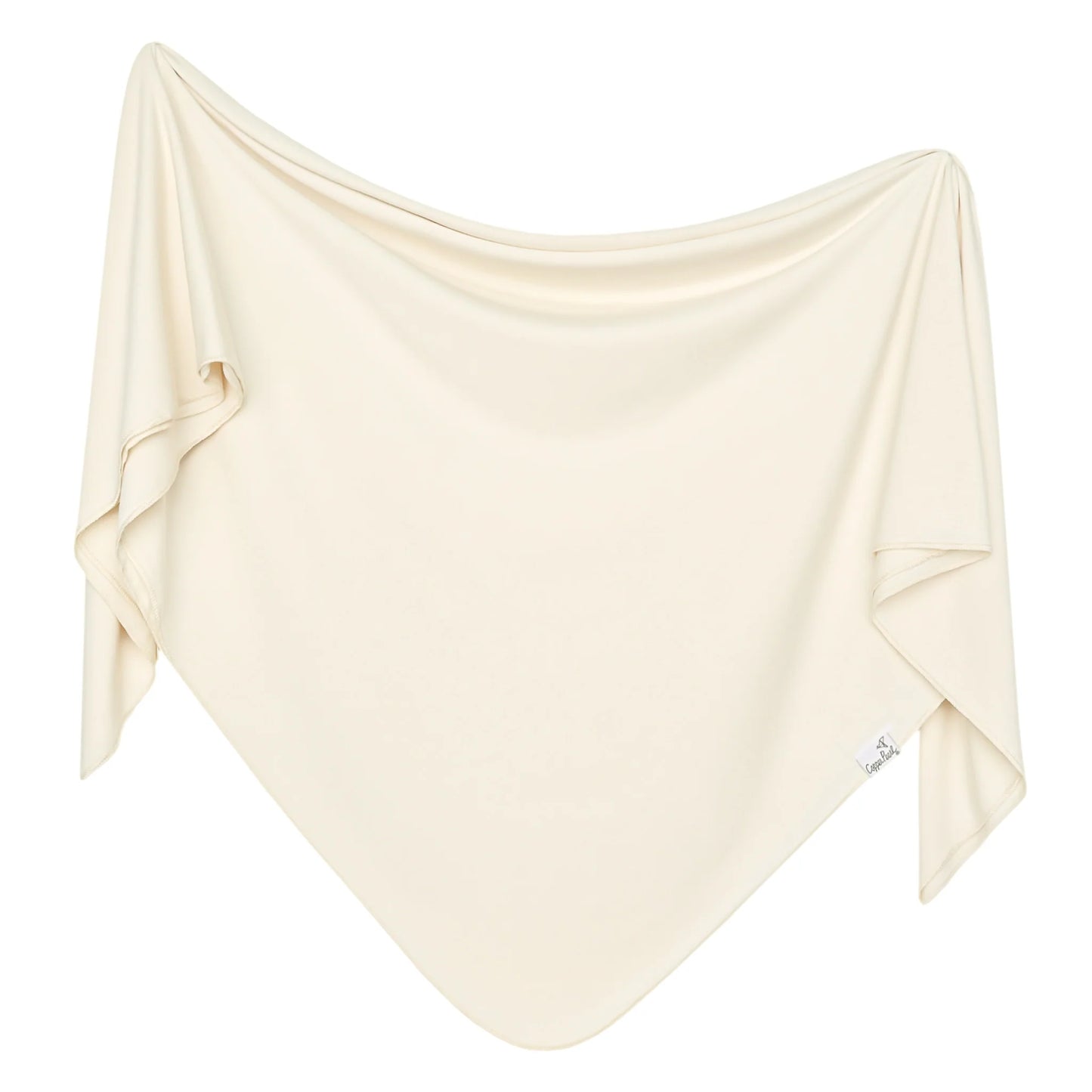 Soft gray Cru Knit Swaddle Blanket by Copper Pearl, featuring a cozy knitted texture perfect for swaddling a baby.