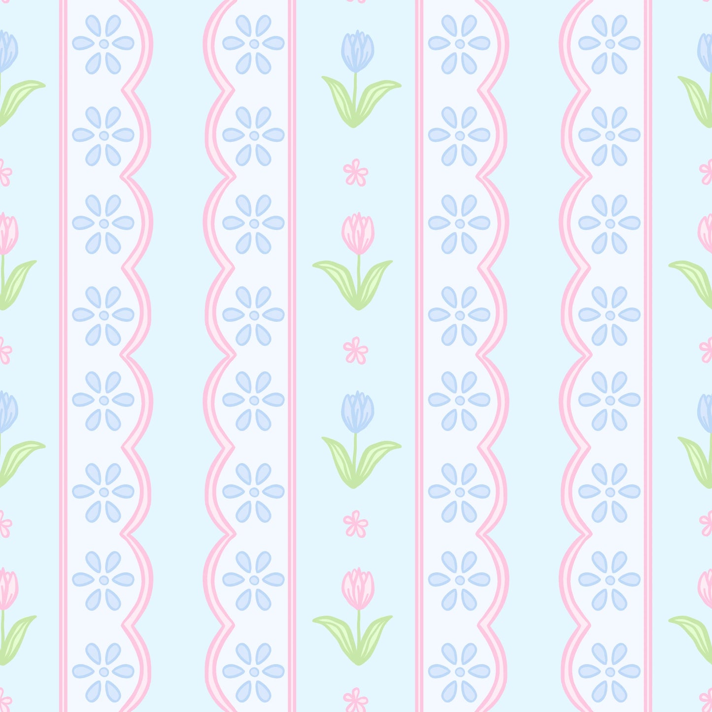 Blue floral scallop Lottie Bloomer set by James & Lottie featuring a cute floral pattern and scalloped trim, on a striped background.