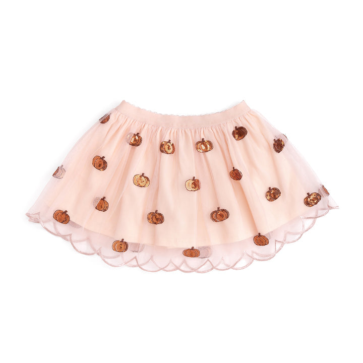 Sweet Wink pumpkin sequin scallop tutu skirt with layered tulle, featuring shimmering pumpkin-colored sequins and scalloped hem detail.