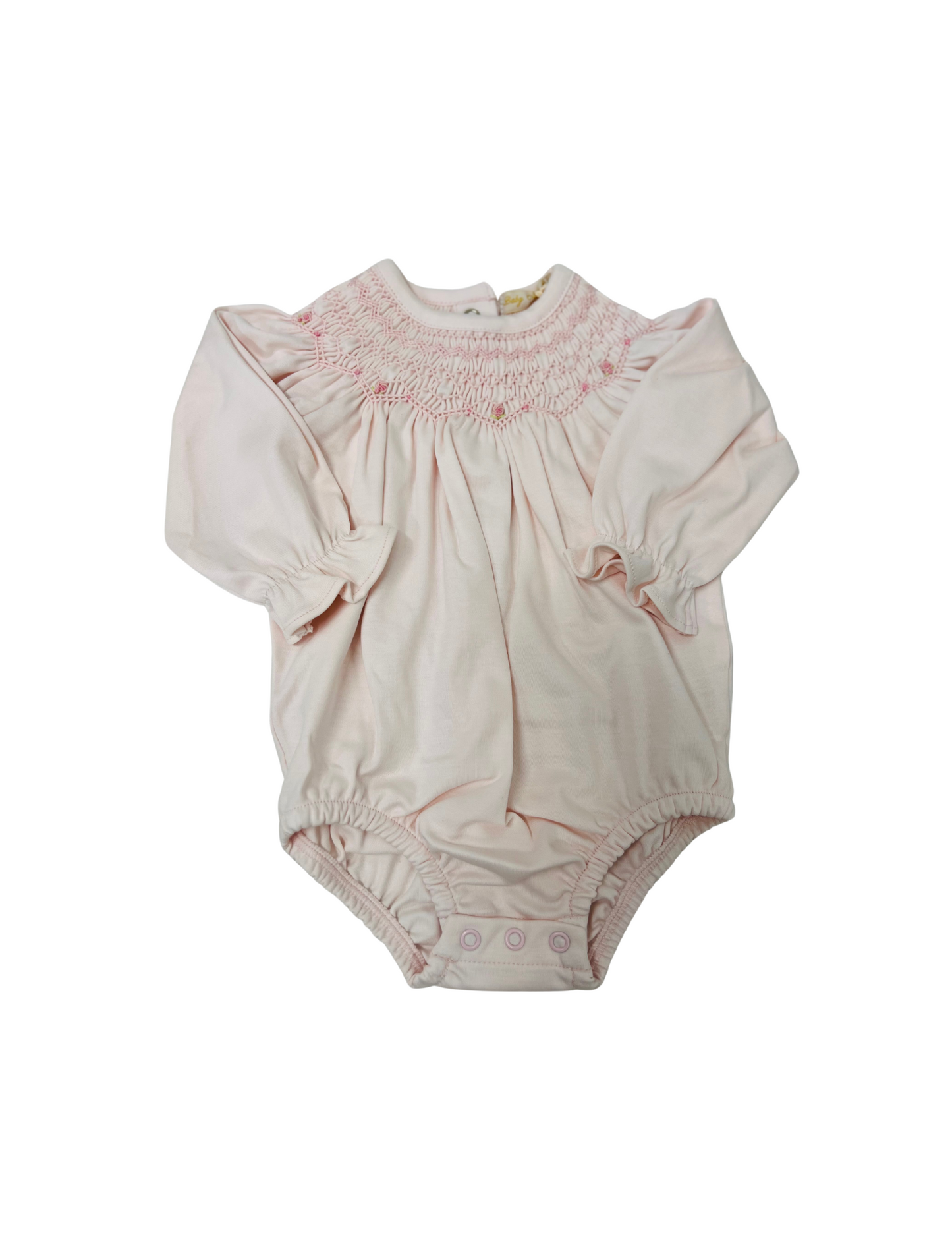 Baby Club Chic - Pink Smocked Long Sleeve Bishop Bubble w/ Embroidery