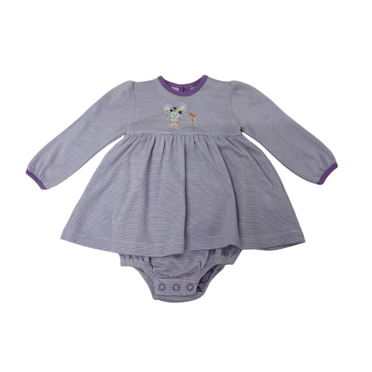 Squiggles - Purple Stripe Garden Mouse L/S Onesie Dress