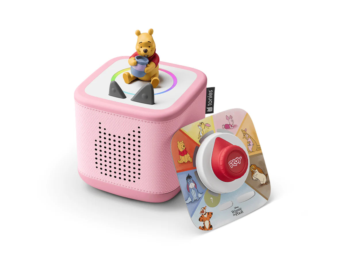 Toniebox 2 Play Set featuring Winnie the Pooh plush figure with cloud pink background, designed for children’s audio play.
