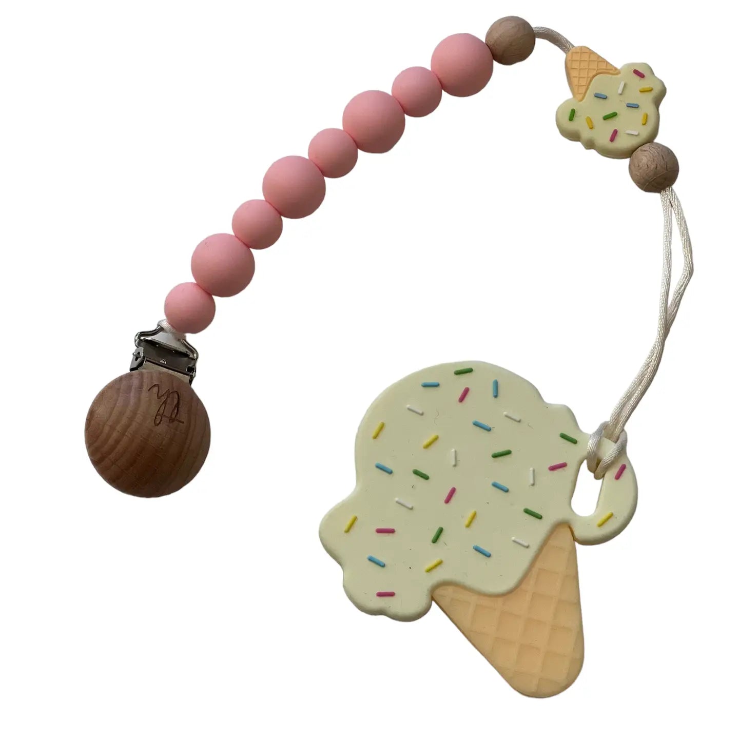 Three Hearts baby teether with clip, soft silicone material and colorful design for soothing teething relief.