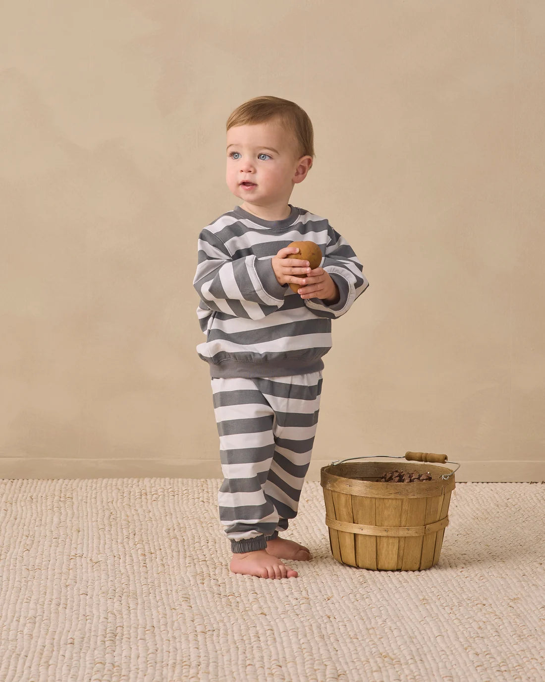 Quincy Mae Midnight Stripe Oversized Sweatpants with relaxed fit and bold dark stripe pattern on soft fabric.