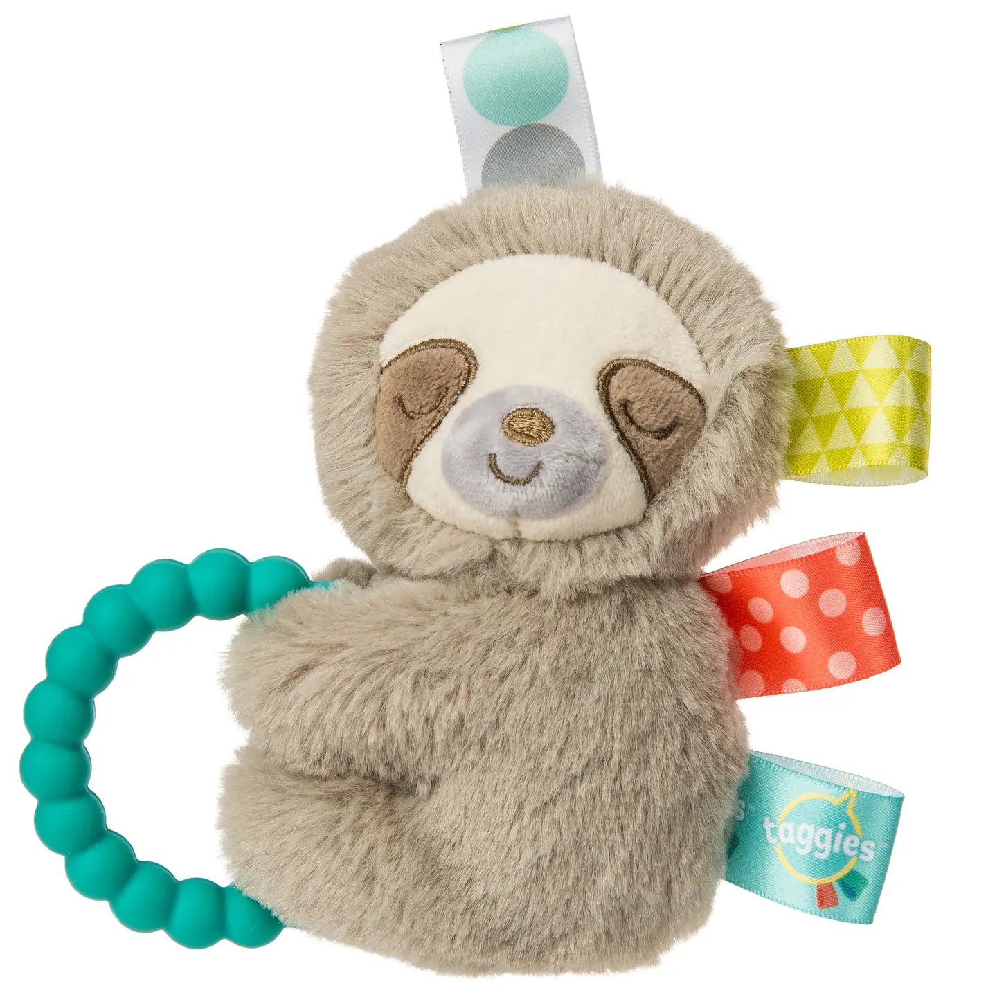 Mary Meyer Taggies Molasses Sloth Teether Rattle showing soft fabric, textured teether, and cute sloth design for babies
