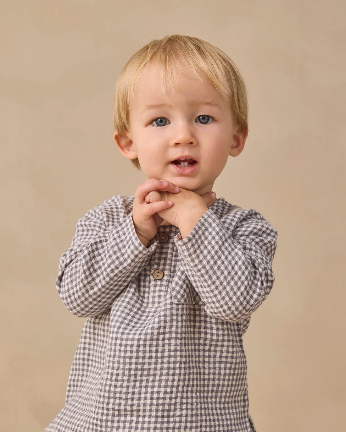 Midnight Gingham Rory Shirt by Quincy Mae, featuring a classic black and white checked pattern and soft cotton fabric.