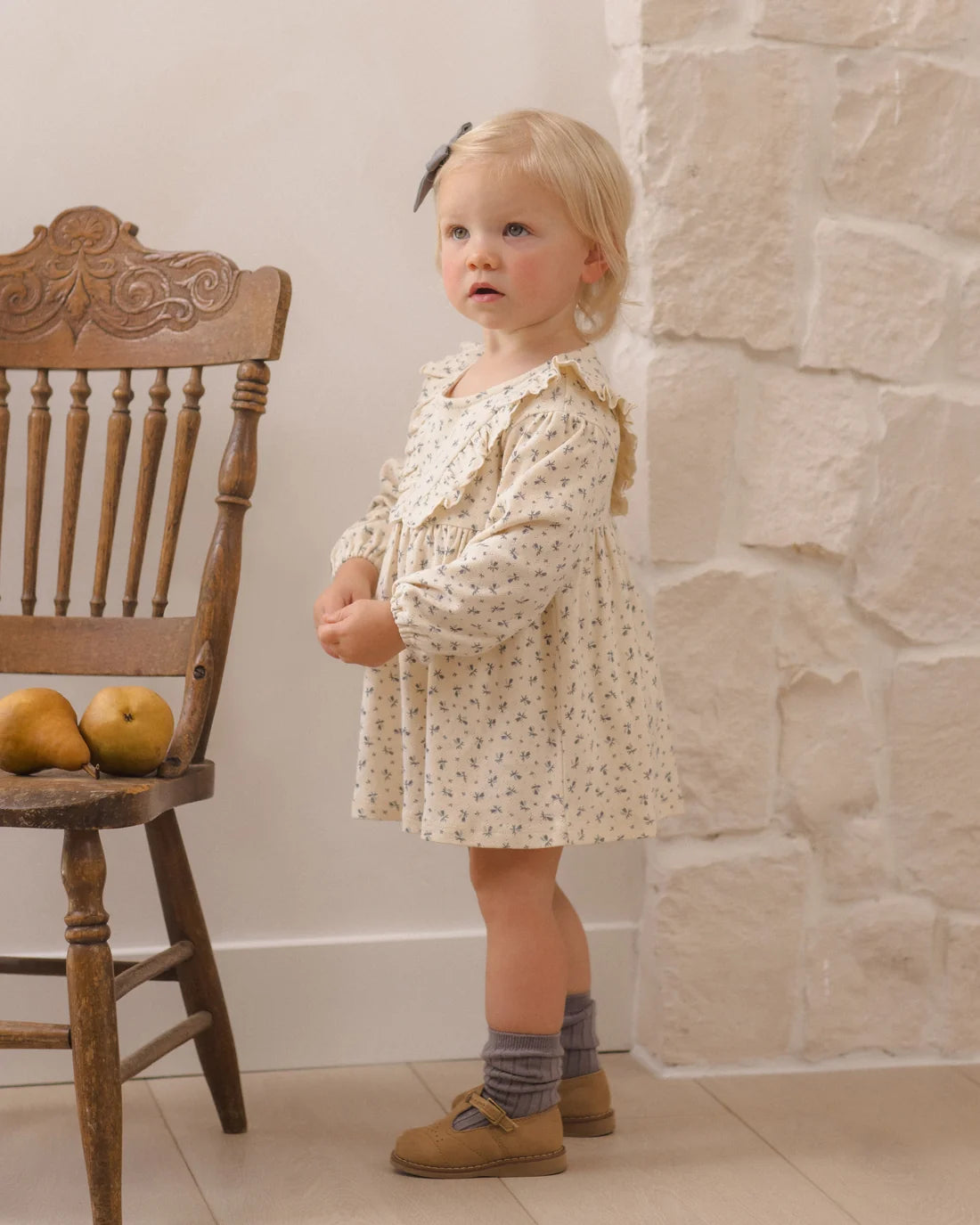 Blue Ditsy Long Sleeve Ruffle V Dress