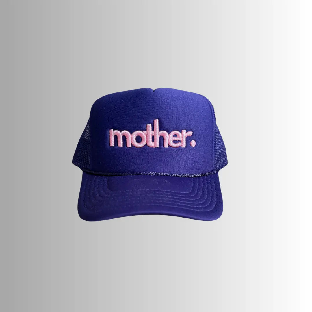 Mother embroidered purple trucker hat with mesh back and curved brim, stylish and casual headwear for women.