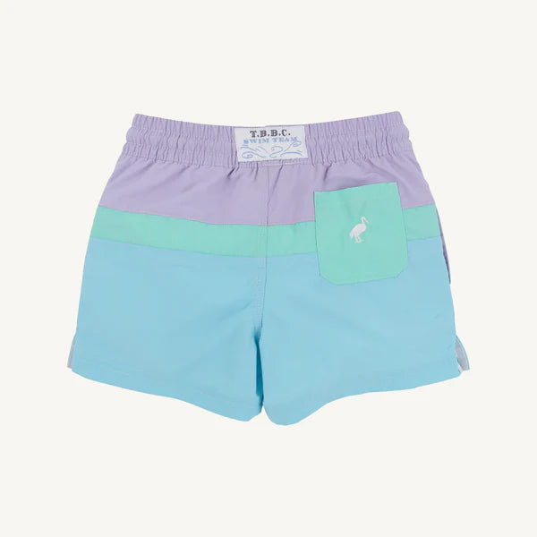 The Beaufort Bonnet Company Lauderdale Lavender and Turks Teal colorblock trunks featuring blue accents and a comfortable fit.