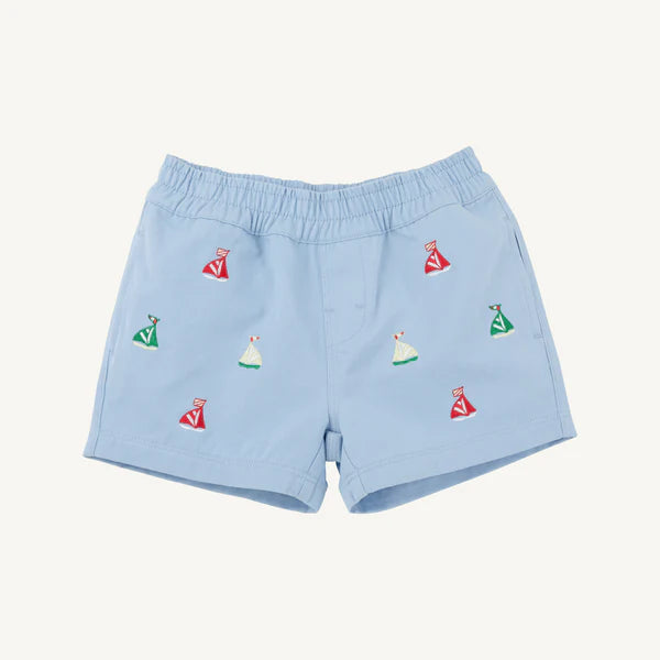 Blue Critter Sheffield Shorts with sailboats pattern by The Beaufort Bonnet Company, featuring colorful sailboat and critter illustrations.