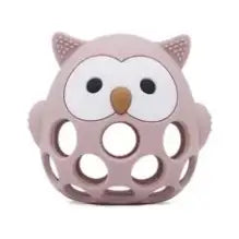 Silicone 3D owl teether from Three Hearts featuring a textured owl design for soothing babies' gums.