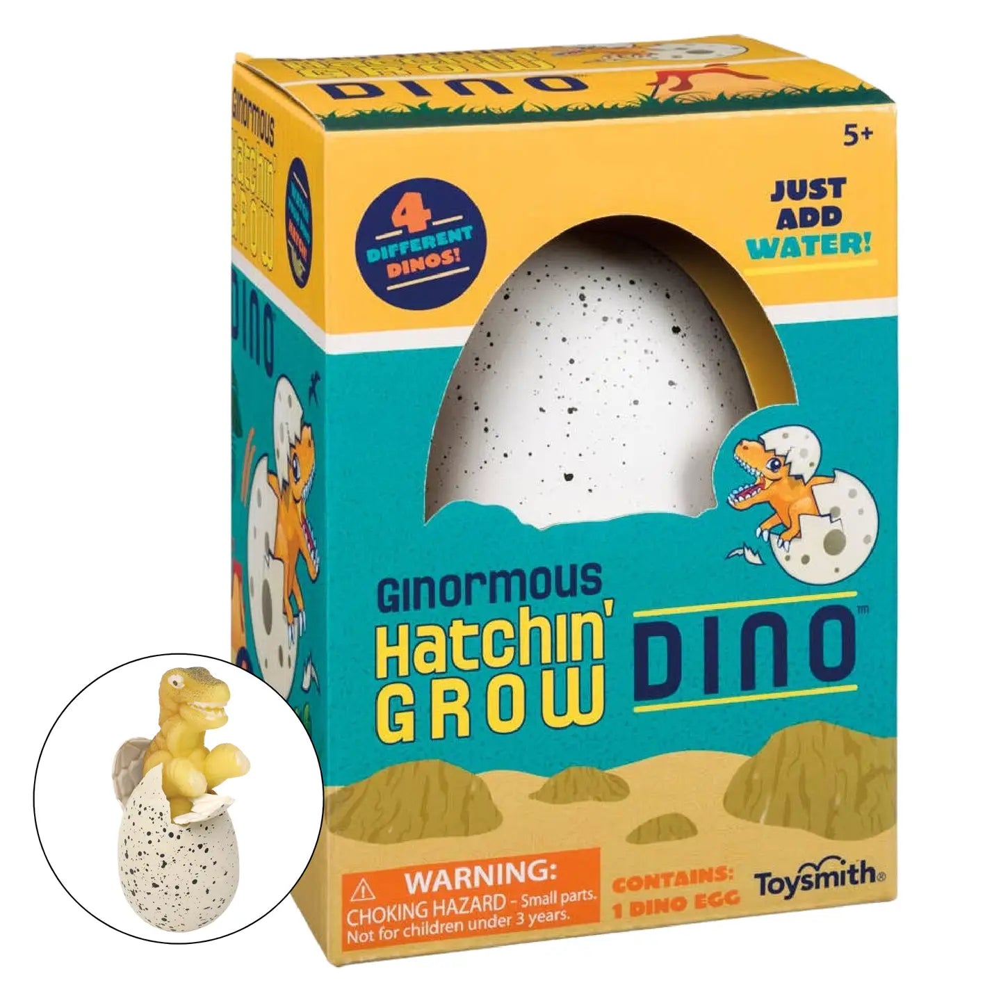 Toysmith Ginormous Hatchin' Grow Dino Egg with water in a clear container, showing the large plastic dinosaur emerging from the egg.