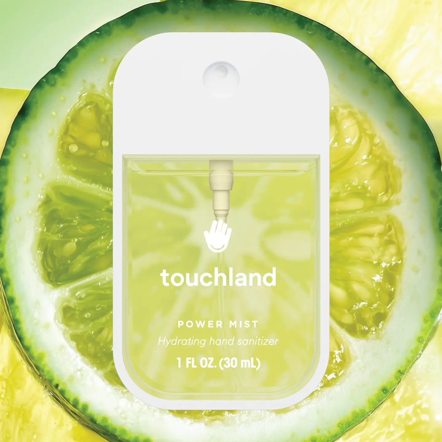 Touchland Powermists hand sanitizer spray bottle with sleek design and clear labeling, ideal for on-the-go sanitation.