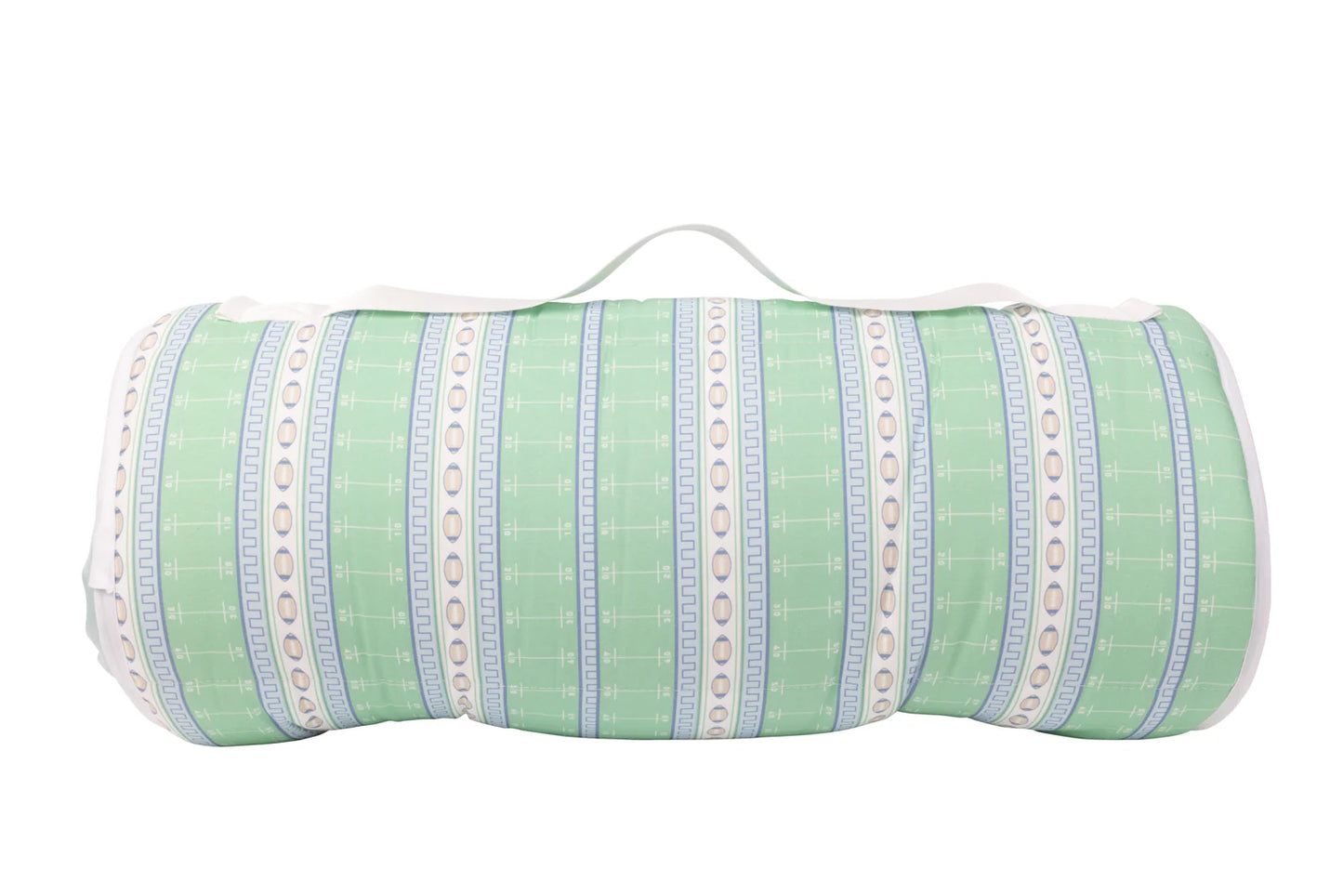Apple of My Isla football-shaped nap mat laid flat, featuring colorful fabric and cushioned design for children's rest and comfort.