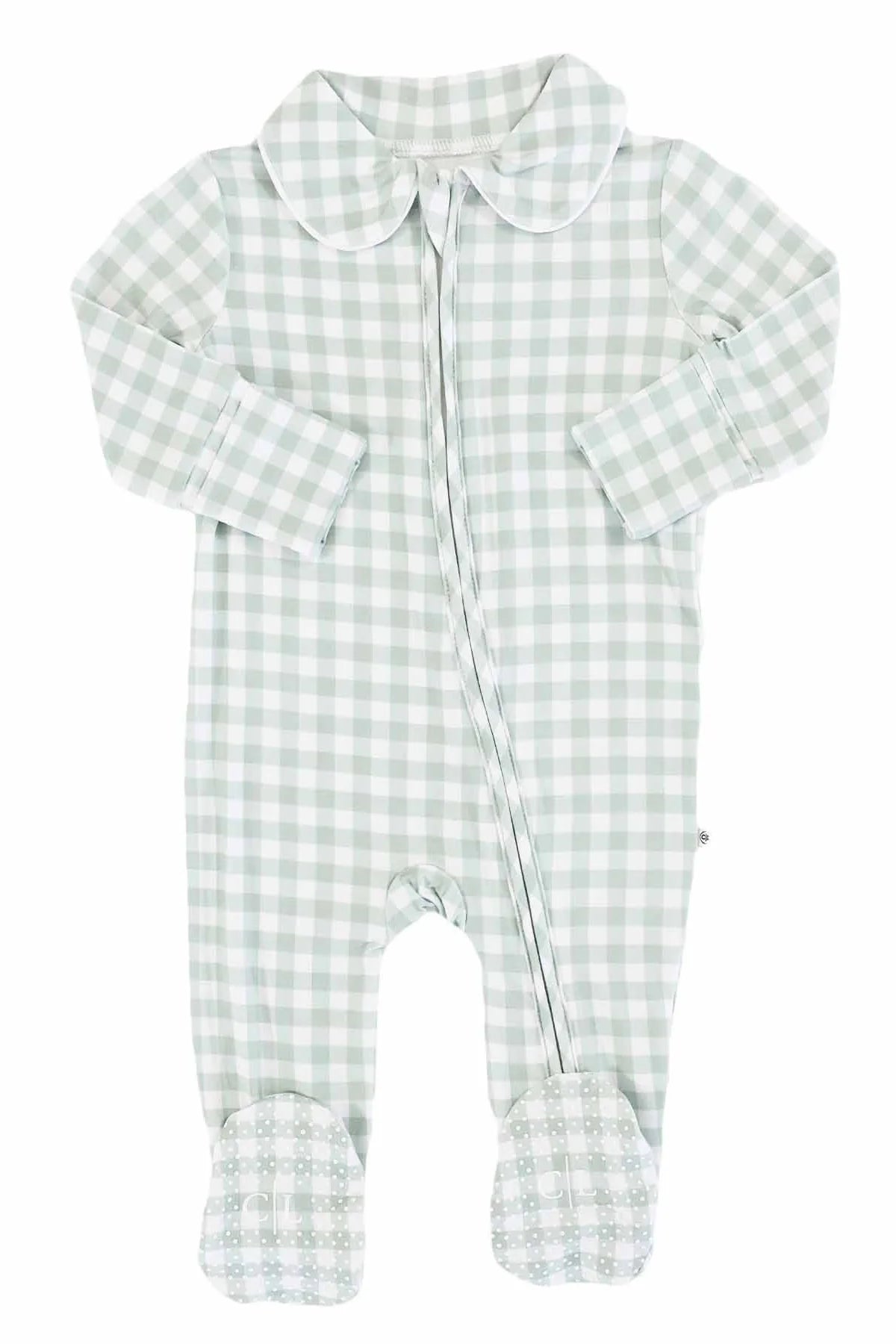 Moss Gingham Peter Pan Collar Zipper Footie