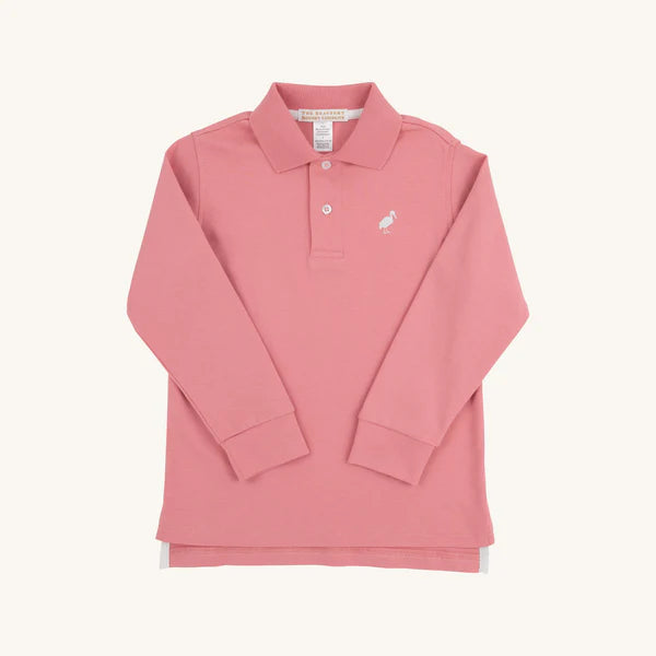 Long-sleeve Nantucket Red and Worth Avenue White Prim and Proper Polo by The Beaufort Bonnet Company showing classic collar and button details.
