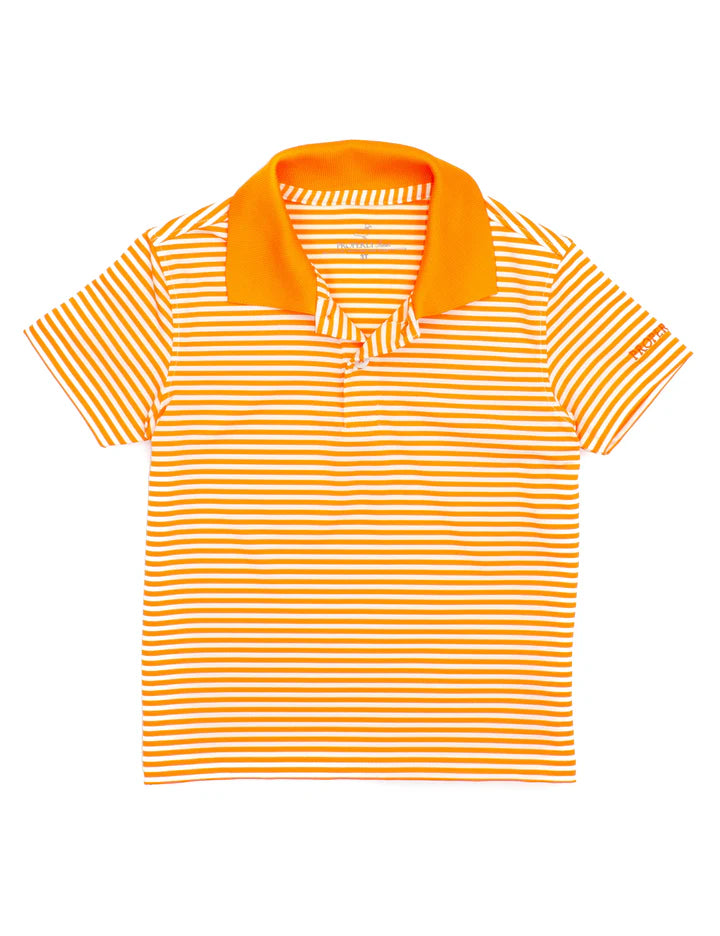 Boy wearing an orange Dallas Polo shirt by Properly Tied, showcasing the classic collar and comfortable fit.