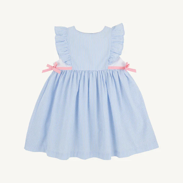 Pammy's Pinafore Dress in Blue Seersucker with Sandpearl Pink by The Beaufort Bonnet Company, featuring a classic, charming style.