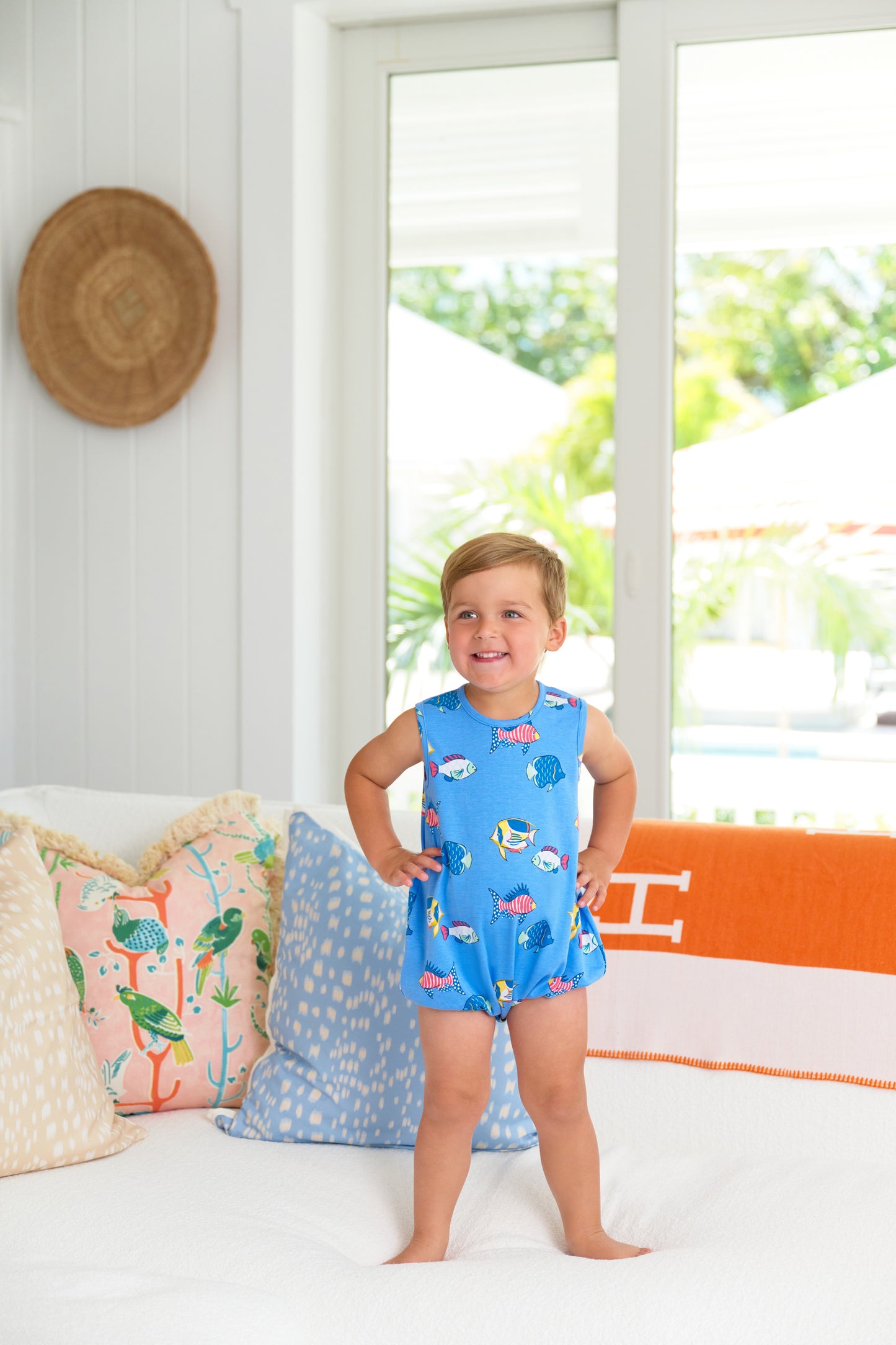 Here Fishy Fishy Patton Play Bubble from The Beaufort Bonnet Company, featuring colorful fish patterns in a playful fabric design.
