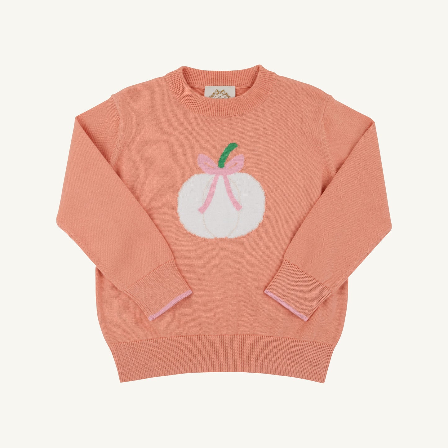 Isabelle's Intarsia Sweater by The Beaufort Bonnet Company featuring seashore sherbet, pumpkin, and bow details on a cozy knit sweater.