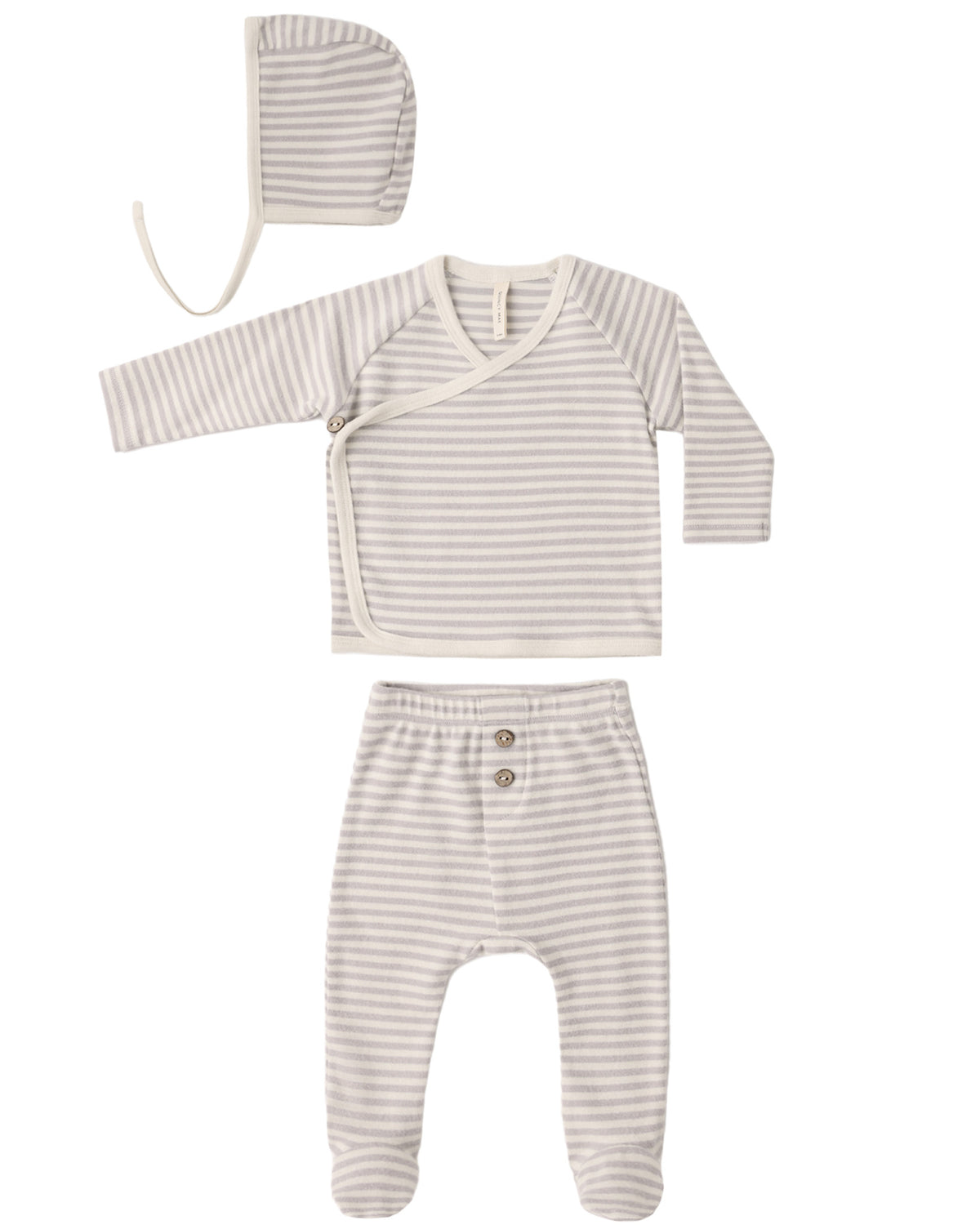 Quincy Mae Fog Stripe Take Home Set featuring a cozy, striped fabric baby outfit with soft, neutral tones.