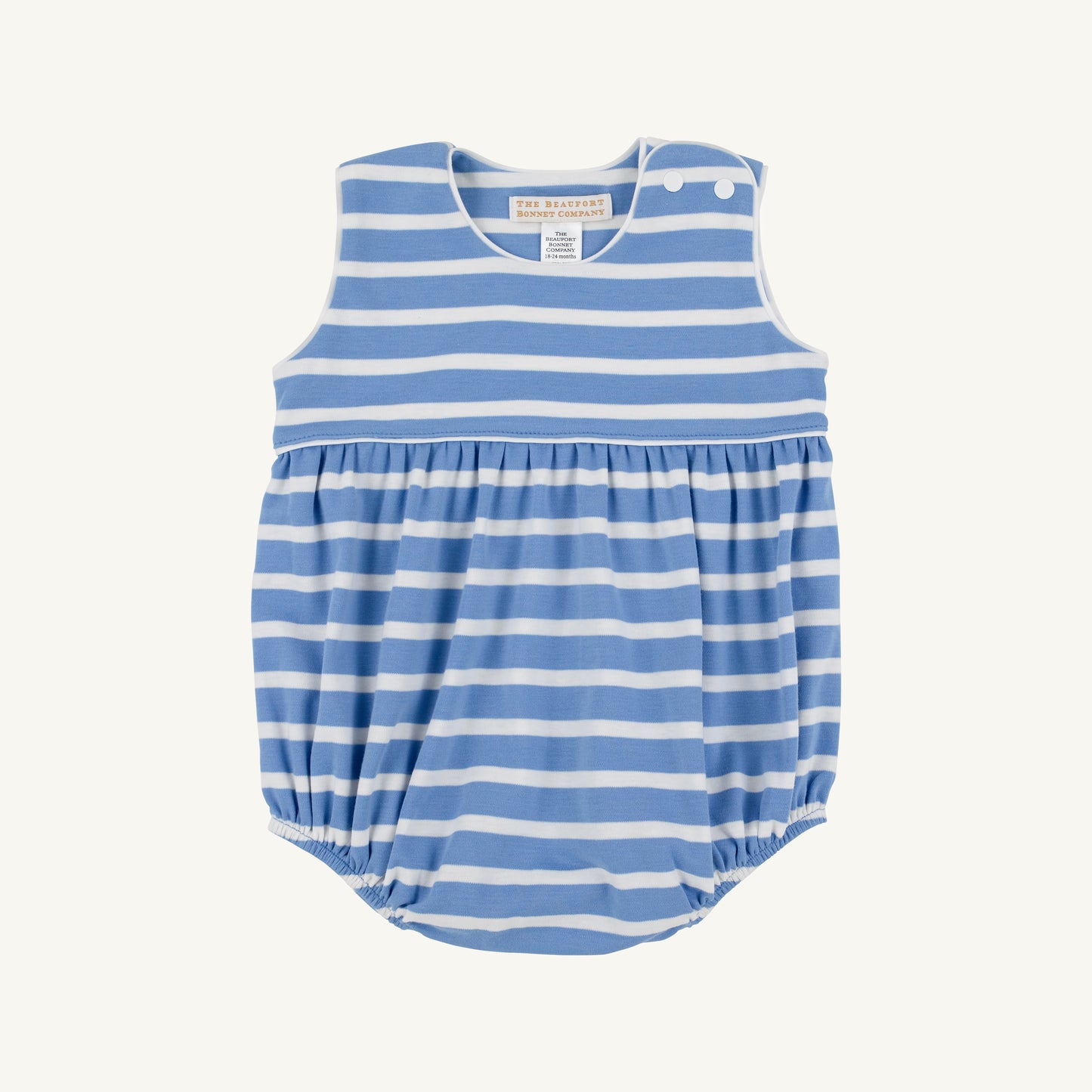 Barbados Blue Stripe and Worth Ave White Bartlett Bubble from The Beaufort Bonnet Company, featuring a stylish baby bubble outfit.