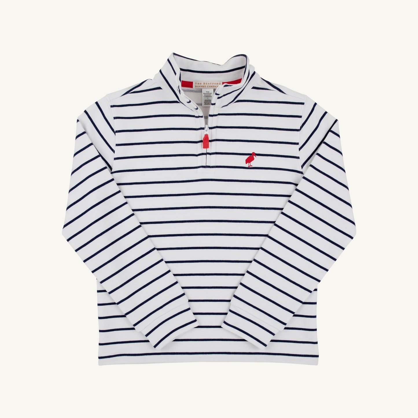 The Beaufort Bonnet Company Worth Ave half-zip sweater with white, Nantucket navy, and Richmond red stripes, displayed on a hanger.