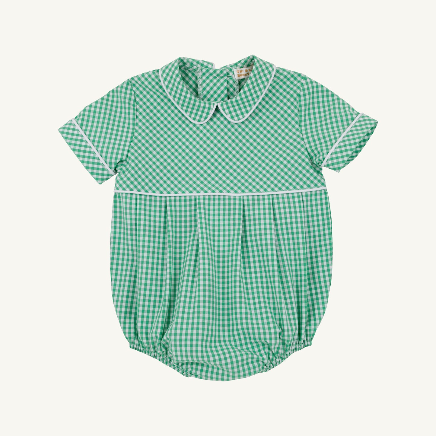 Gibson Island Green Mini Gingham Bradford Bubble from The Beaufort Bonnet Company, showing a stylish baby bubble with green gingham fabric.