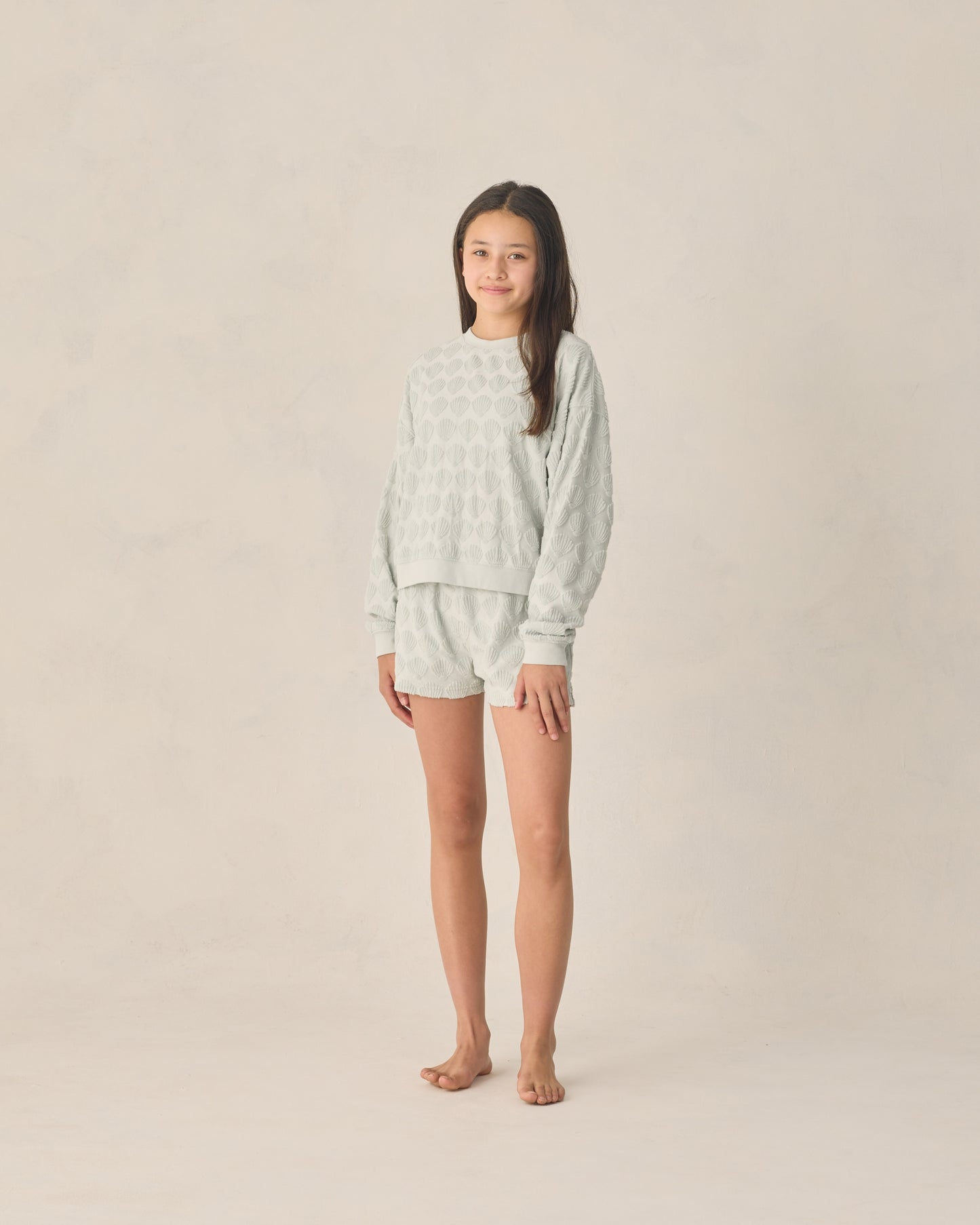 Teen Seashell Terry Karli Set by Rylee & Cru featuring a soft, patterned terry cloth fabric in a stylish, casual outfit for teens.