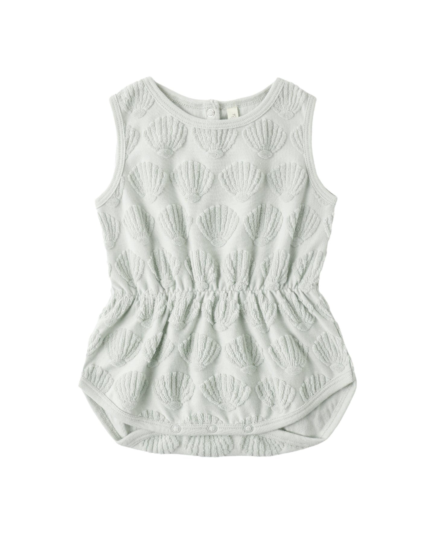 Rylee & Cru Seashells Cinch Playsuit featuring a lightweight fabric with seashell print, adjustable waist, and short sleeves.