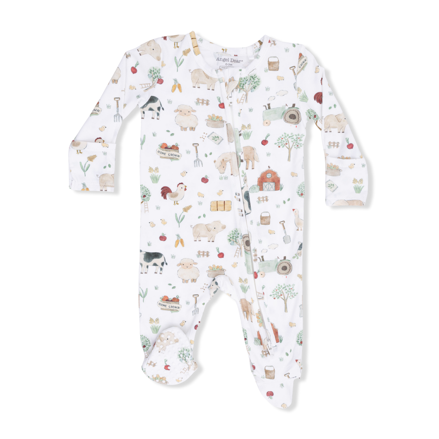 Angel Dear cute farm animals zip footie featuring colorful farm animal prints on soft fabric, perfect for babies.