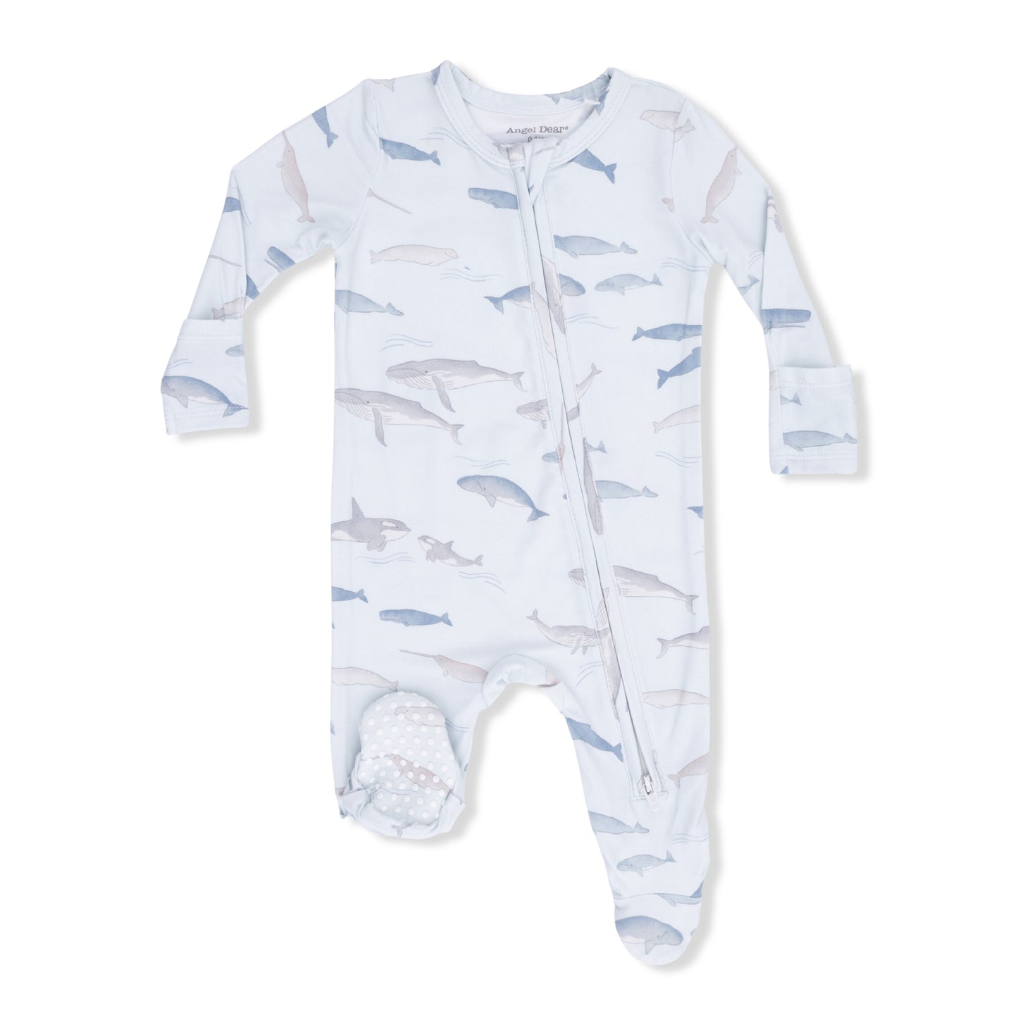 Angel Dear Little Whales zip footie featuring a cozy fabric with whale patterns and a front zipper for easy dressing.