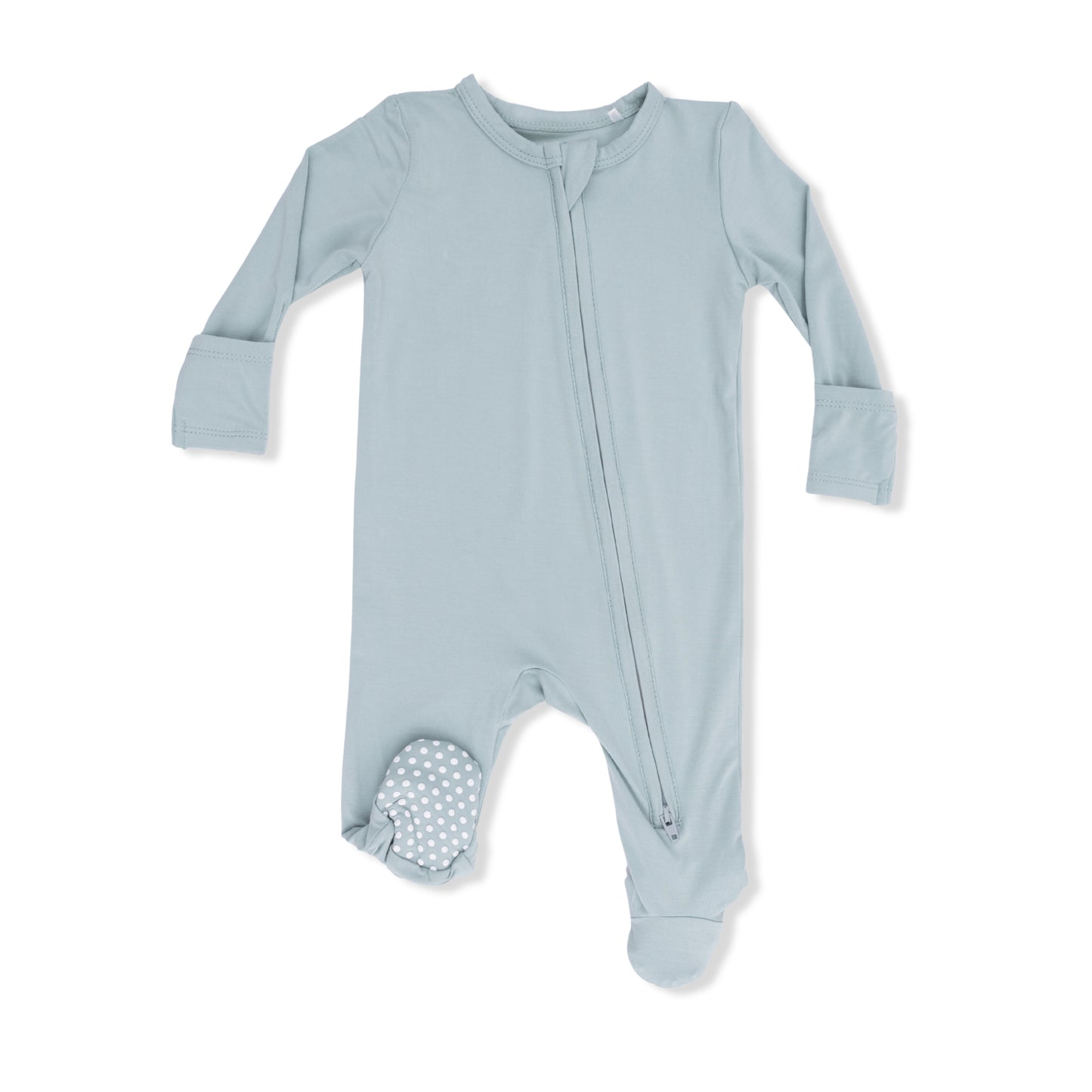 Angel Dear solid jadeite zip footie for babies, featuring a soft, cozy fabric with a front zipper and footed design.