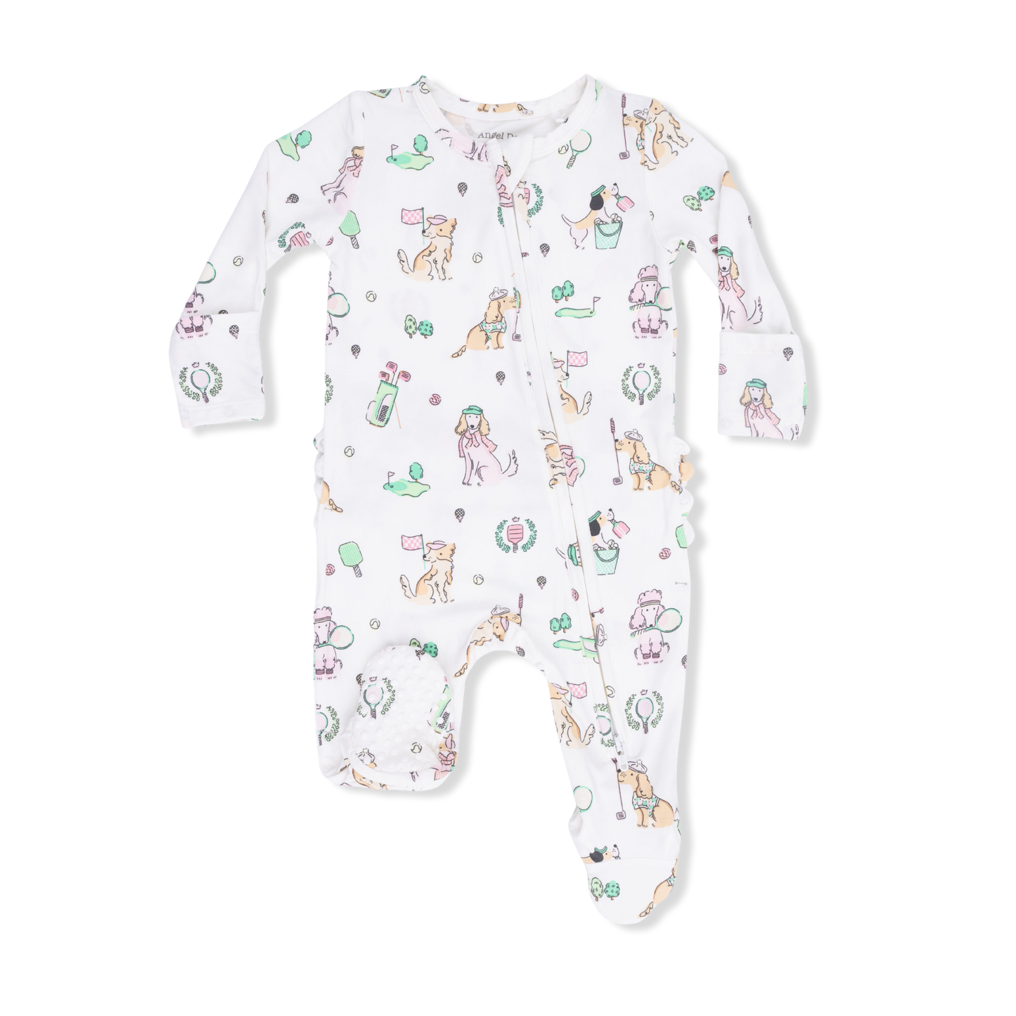 Angel Dear Country Club Dogs Ruffle Zip Footie for babies, soft fabric with ruffle details and zip closure, adorable and comfortable.